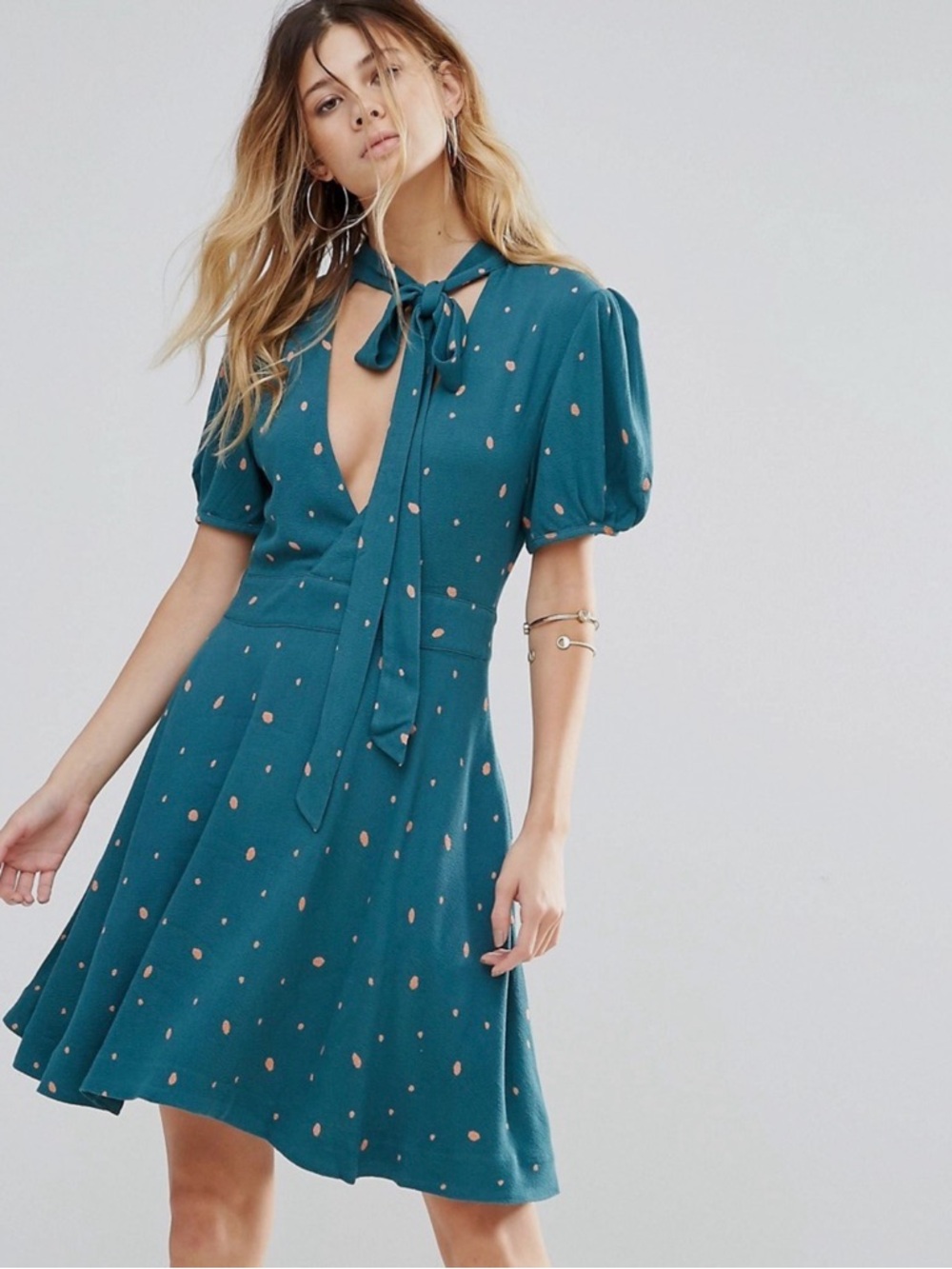 Free People Teal Dress with Rust Dot Print and Tie Neck